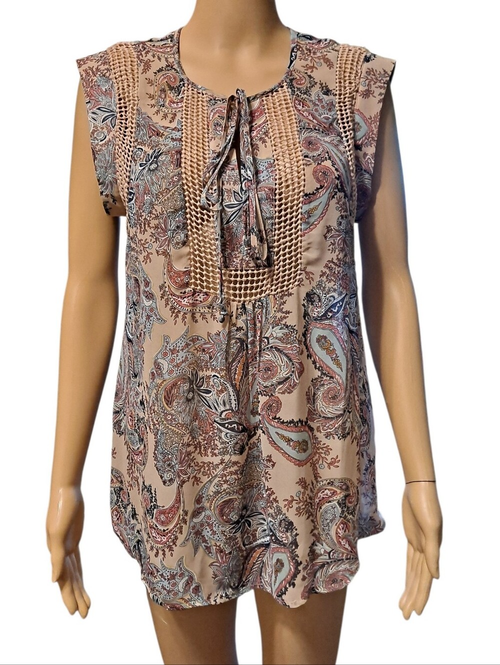 Daniel Rainn Blush Paisley Tie-Neck Top with Crochet Yoke